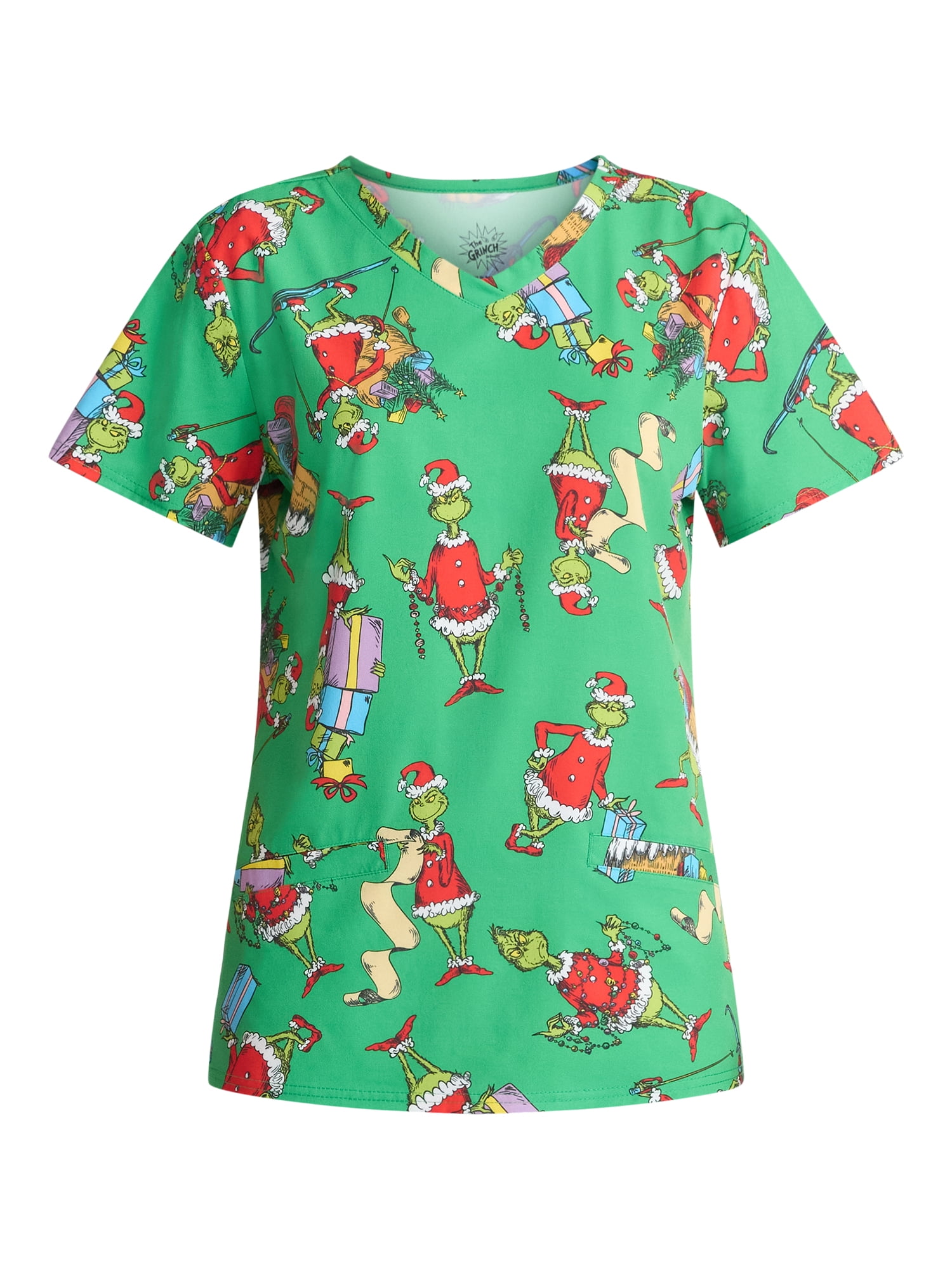 Dr. Seuss Women's Holiday Scrub Top with Short Sleeves, Sizes S-3XL