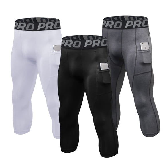 LNFINTDO 3 Pack Mens 3/4 Compression Pants Basketball Running Tights with Pockets Athletic Leggings for Sports Baselayer