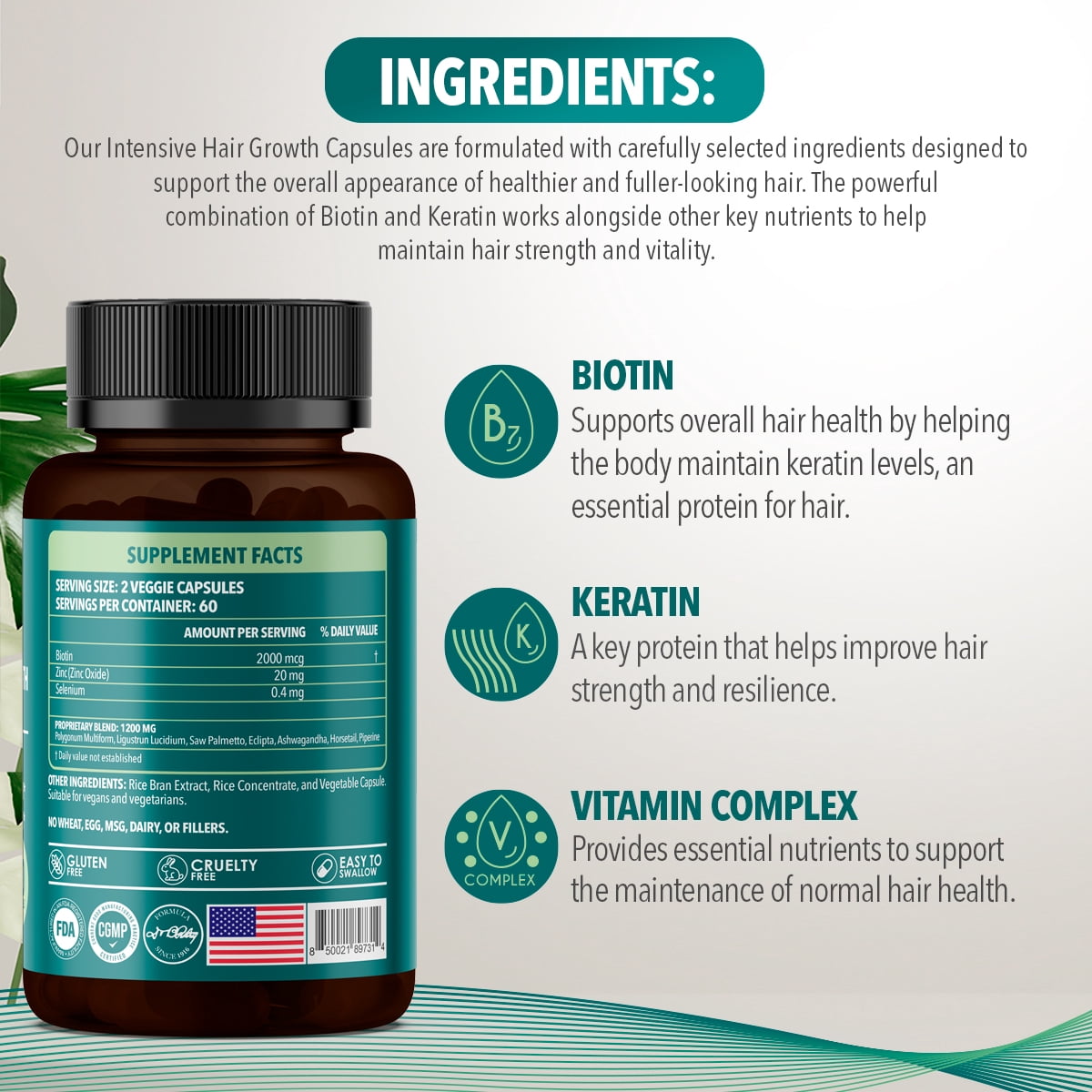 Dr. Robaina Intensive Hair Growth Supplement, 2000mcg Biotin & Keratin Veggie Capsules, 60 Count