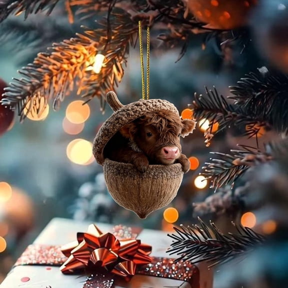 DAMAI Christmas Highland Cow Acorn Ornaments 2026, 2D Acrylic Rustic Highland Cattle Christmas Tree Hanging Pendants for Home Holiday Farmhouse Decor, Xmas Gift Fillers