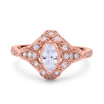 Rose Tone, Simulated Cubic Zirconia Size-10 Marquise Art Deco Wedding Engagement Bridal Ring Accent Vintage 925 Sterling Silver