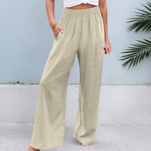 WILLBEST Pantalones Casuales para Mujer, Cintura Alta, Pierna Ancha, Color Liso, Cómodos, con Cordón Elástico, Pantalones Largos de Pierna Recta con Bolsillos Extra Grande
