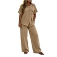 thumbnail image 6 of Two Piece Lounge Sets for Women Fashion Buttons Side Slit Solid Color Round Neck Short Sleeve Tops Elastic Waist Pants Sets Lounge Sets Wide Leg Pants Sets with Pockets, 6 of 7