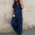 thumbnail image 2 of PBFRDSJ Short Sleeve Rompers for Women Loose Fit Wide Leg One Piece Romper Button Down V Neck Casual Jumpsuit with Back Pockets, 2 of 5
