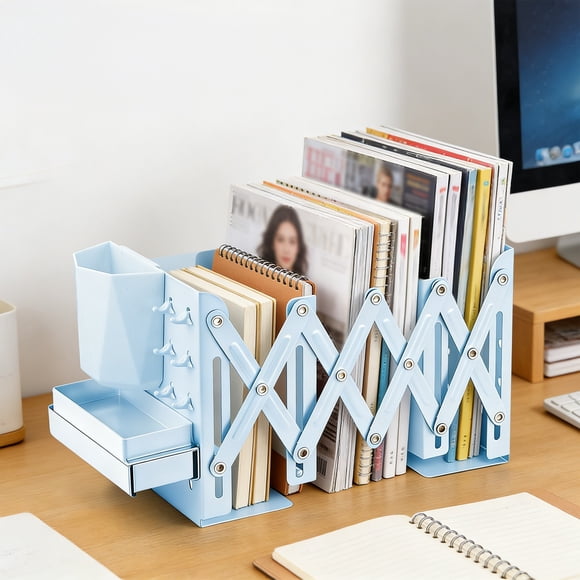 CaiYueKe Adjustable Book Ends, 6.5" Tall Heavy Duty Metal Adjustable Bookends Book Holders Organizer with Removable Pen Holder Tray and 6 Hook-up for Heavy Books Desk Office Home