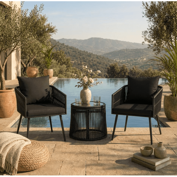 ELLEGNT Patio Wicker Chairs & Round Side Table Set, 3-Piece Outdoor Furniture Set with Tempered Glass Tabletop, Cushioned Rattan Conversation Set for Porch, Garden, Poolside