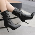 thumbnail image 4 of Lovskoo 2024 Women's Cowboy Boots Horse Riding Middle Mid Calf Boots Oversized Fall/Winter Slender High Chunky Heels Pointed Pleated Knight Short Boots Black, 4 of 6