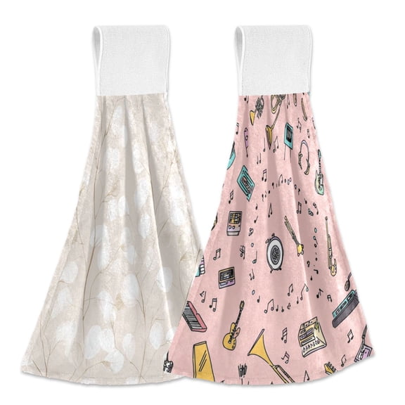IAUYY Kitchen Hanging Towels Set of 2 100% Polyester Absorbent, Super Soft Hand Towels with Hanging Loops for Bathroom Kitchen A Leaf Pattern Notes Surround
