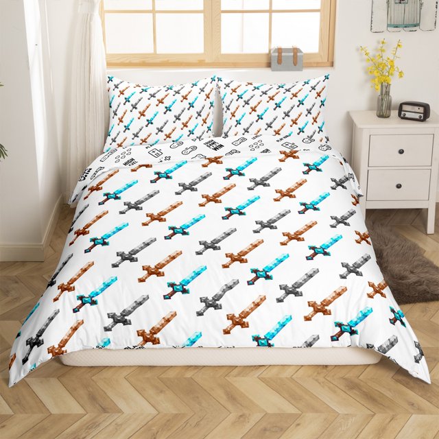 Erosebridal Housse de Couette Épée pour Ados Simple, Housse de Couette Jeu de Construction de Bac à Sable Simple, Décor Thème Dessin Animé, Réversible (Sans Couette)