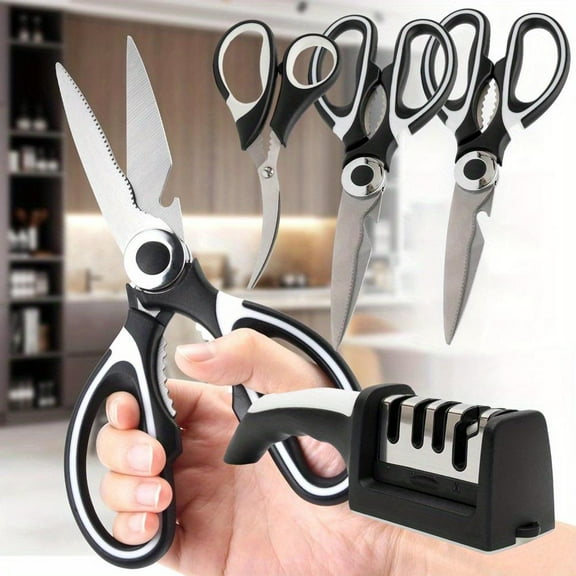 A Set of 4 Ambidextrous Stainless Steel Kitchen Shears with Knife & Scissor Sharpener,Food Contact Safe,Multi-Purpose Cooking Scissors for Meat,Fish,Poultry,Vegetables