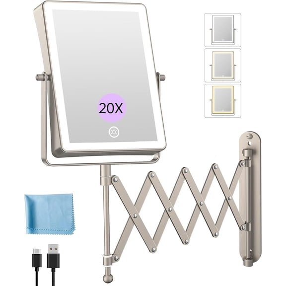 MY.Rechargeable Wall Mounted Makeup Mirror with Lights, 8.7 Inch Double Sided Touch Switch 1X 20X Magnifying Bathroom Mirror, 3 Color Lights Touch Dimmable Extended Arm 360 ° Rotation (Nickel)