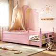 thumbnail image 3 of Bellemave Montessori Twin Floor Bed with Bookshelf, Solid Wood Kids Twin Size Bed Frame with Rail and Slats, No Box Spring Needed (Pink), 3 of 8