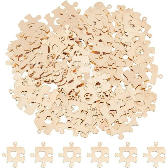 120Pcs Puzzle with Heart Charm Bulk Autism Awareness Charms Puzzle Piece Charms Brass Etched Dangle Charm Metal Heart Love Pendant Unique Relationship Pendants for Jewelry Making