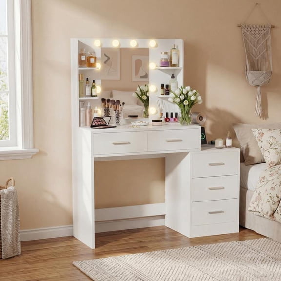 Lacoo Vanity Desk with 5 Drawers & Charging Station, Makeup Vanity with Lights & 4 Shelves, Dressing Table for Bedroom, White