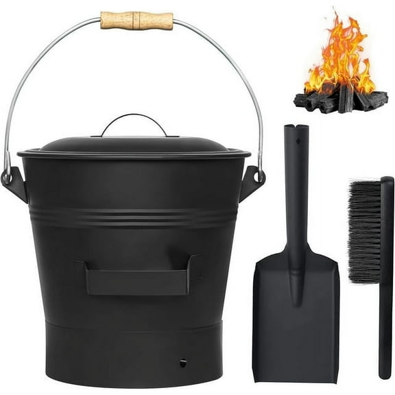 Fireplace Ash Bucket with Lid Shovel, Hand Broom 2.6 Gallon Charcoal Wood Fire Pits Burning Stoves, Coal/Large Pellet Metal Buckets/Hot Wood Carrier Pail Fire Pits Ash Can Cleaning Tools