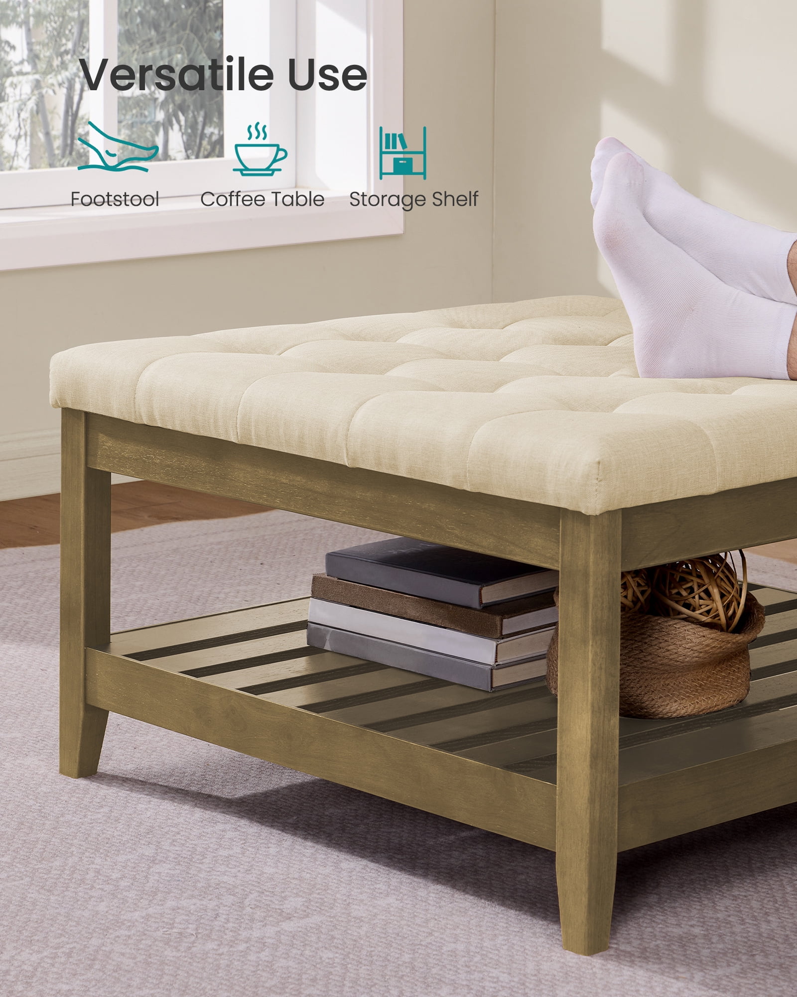 SONGMICS Storage Ottoman with Solid Wood Frame, Square Upholstered Ottoman, Footrest, Tufted Cushion, Easy Assembly, Summer Sand