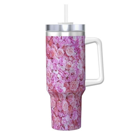 

Daiia Pink Roses Printed 40 oz Tumbler with Handle Ice Bully Insulated Tumbler 2 in 1 Lid Insulated Water Bottle Stainless Steel Travel Coffee Mug