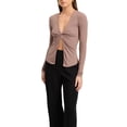 thumbnail image 1 of Faithtur Women Deep V Neck Tops Summer Twist Knot Front Long Sleeve Slim Fit Shirt Trendy Solid Color Ruched Tee, 1 of 5