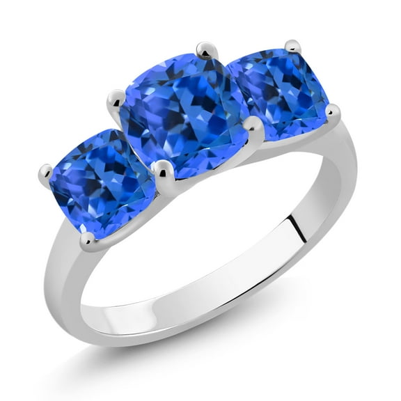 Gem Stone King 925 Silver 3-Stone Ring 7.5mm Set with Fancy Blue Zirconia (Size 7)