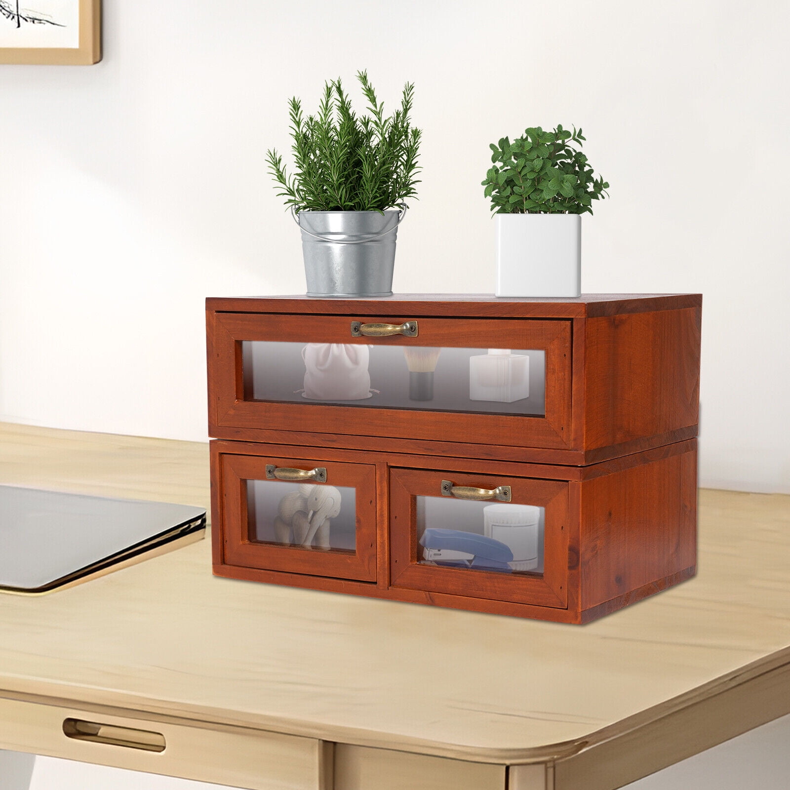 Desktop Storage Box (1+ 2 Drawers) Vintage Desk Organizer Tabletop Storage Organization Box with 3 Drawers for Office