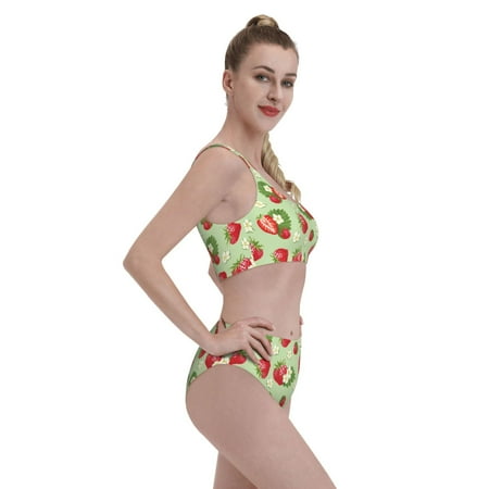 Goofa Strawberry Floral Pattern High Waisted Bikini Set - Two Piece Swimsuit for Women  Summer Bathing Suit Trendy Swimwear-X-Large