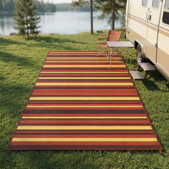 9x18 ft Outdoor Rug, Reversible Striped Plastic Patio Rug, 320GSM PP Waterproof Camping Mat with Carry Bag & Stakes for Backyard Deck Beach, Red Orange Yellow Striped