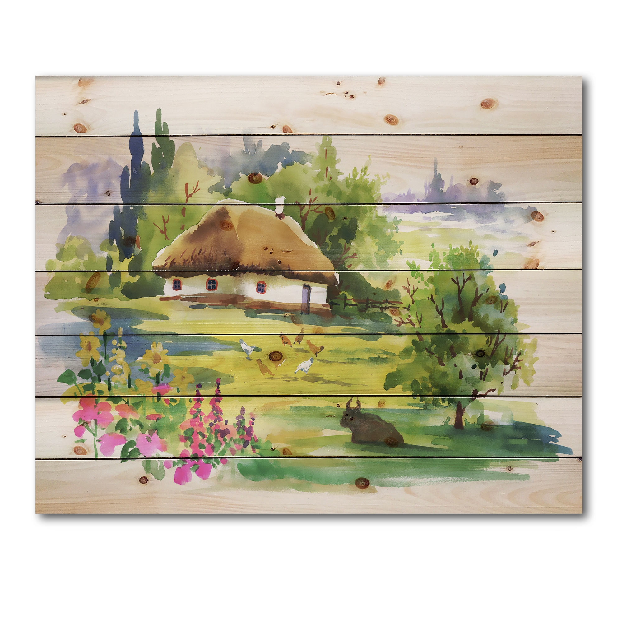 Designart 'Blossoming Greenlands And A Rural House' Traditional Print on Natural Pine Wood