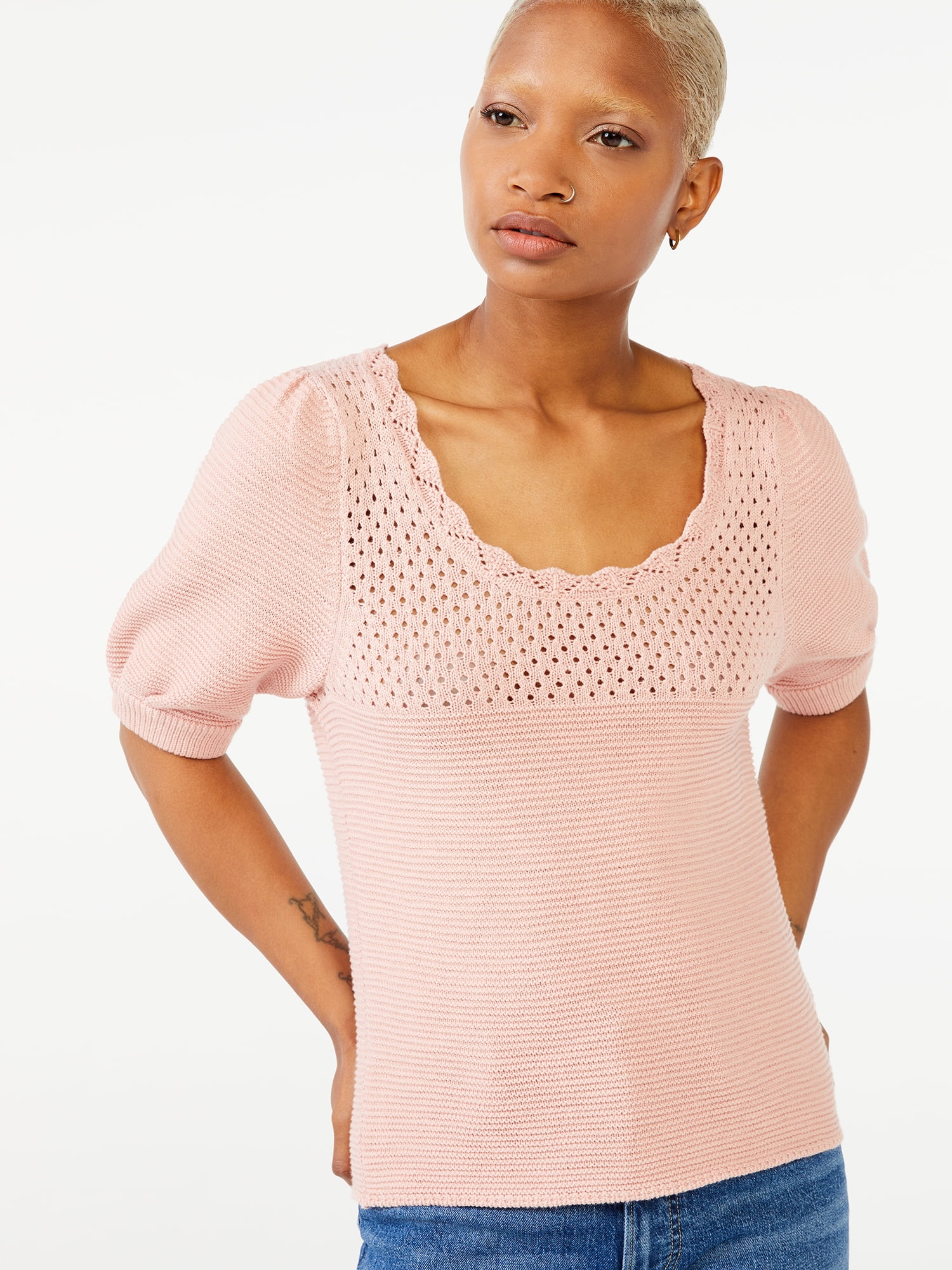 Free Assembly Women's Puff Sleeve Crochet Sweater