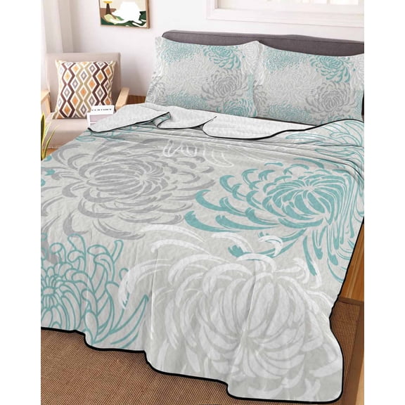 Aqua White Queen Size Down Alternative Comforter, Lightweight Comforter Quilt Bedding Set with Pillow Shams Abstract Grey Chrysanthemum Flower Floral All Seasons Bed Comforter Duvet Insert 90"x96"