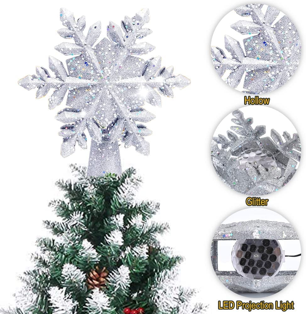 Christmas Tree Topper, PHITRIC 10 Inches Double Layered Silver Snow Lighted  Tree Topper, 8 Points 30 LED Lights Silver Glitter Powder Christmas Tree