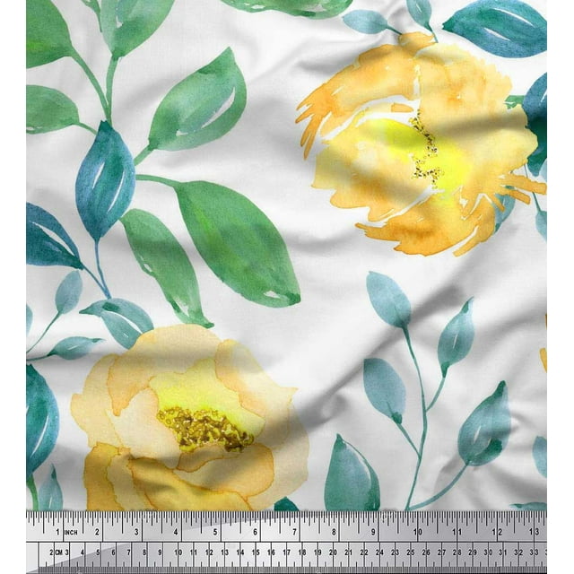 Soimoi Rayon Crepe Fabric Flower & Leaves Watercolor Decor Fabric Printed Yard 46 Inch Wide