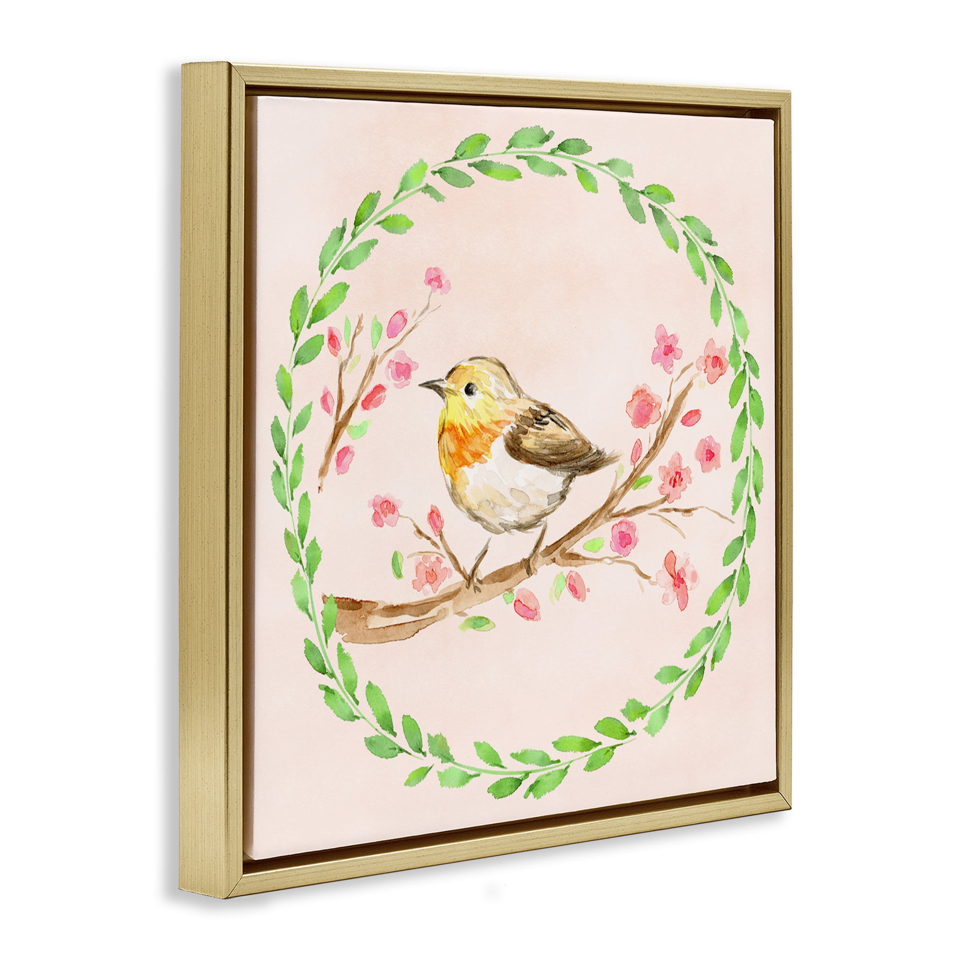 Spring Wreaths Bird Gold Framed Floater Canvas Wall Art, design by Elena Fay