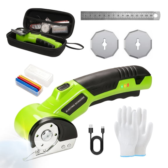 Green Cordless Electric Scissors, Professional Fabric Cutting Kit, With 3 Sharp Blades, Steel Ruler, Fabric Marking Pen, Storage Case, Delivers Smooth And Even Cuts