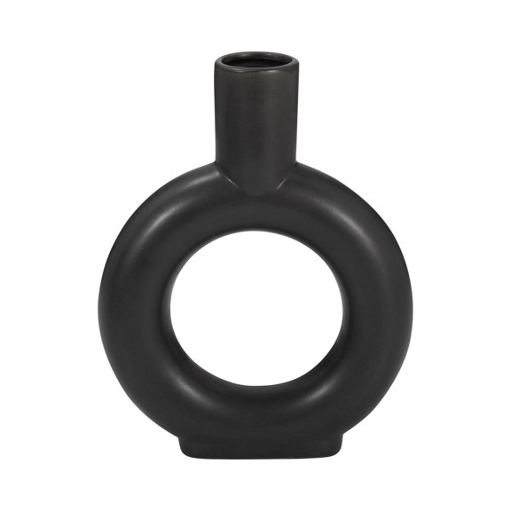 Modern Ceramic Vase - Round Hollow Minimalist Stoneware Design for Home, Office, Bedroom, and Living Room Decor - Tall Decorative Accent Piece - 9" Black