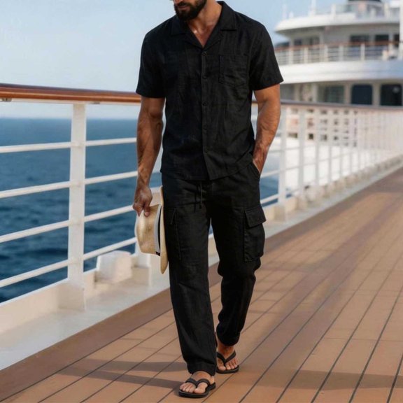 SOOMLON Mens Beach Outfits Sets Big and Tall Collared Button up Shirts Drawstring Pants with Pockets Summer Clothing Set