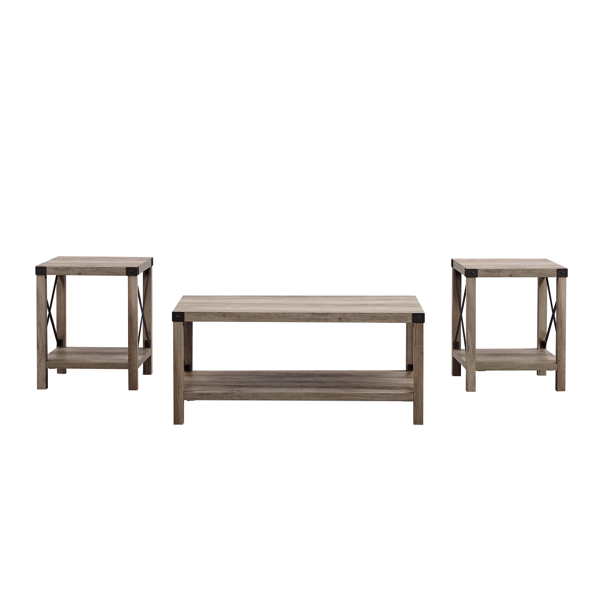 Manor Park 3-Piece Rustic Wood & Metal Coffee Table Set - Grey Wash
