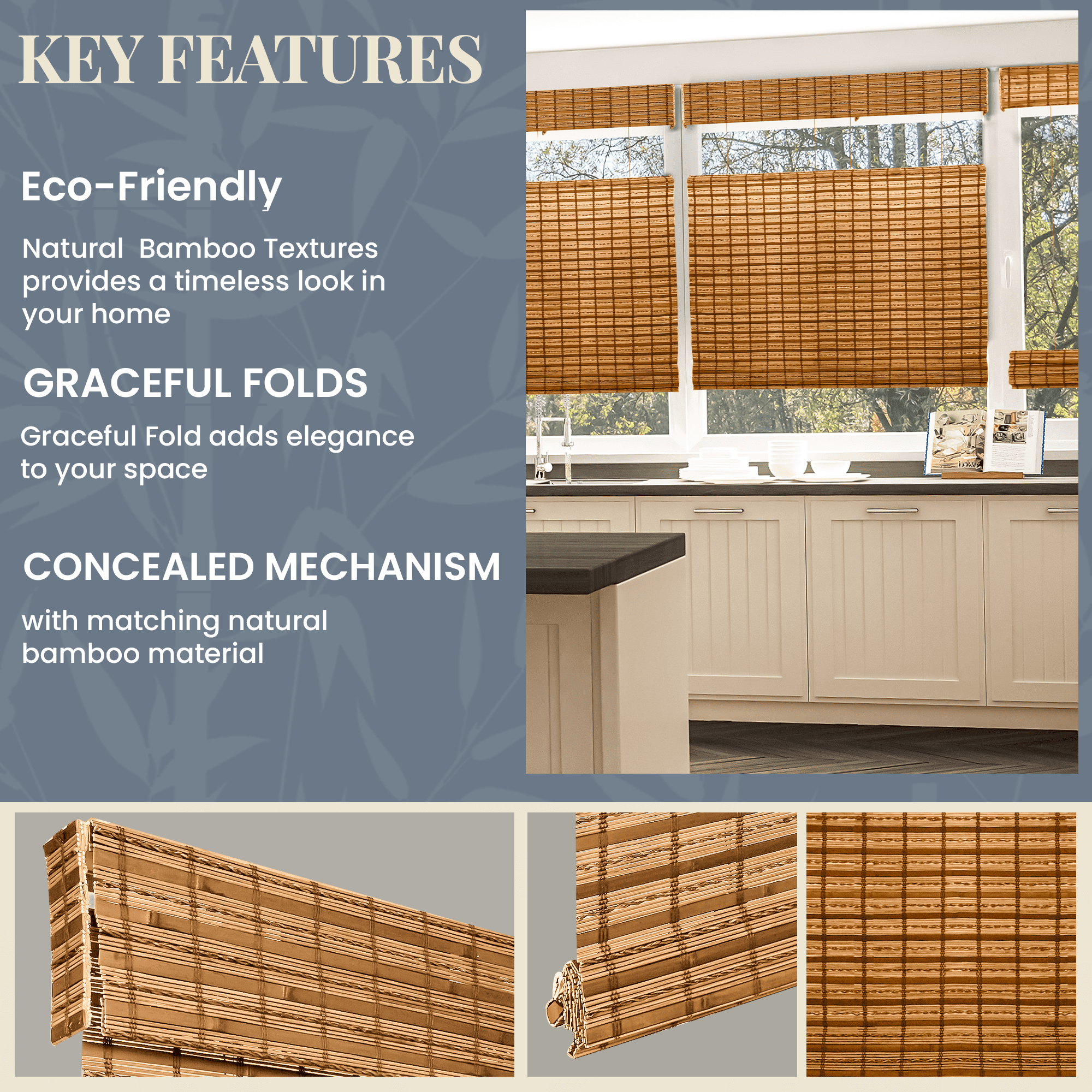 Natural Woven Top Down Bottom Up Cordless Bamboo Roman Shades for Windows, 61.5 in. W x 60 in. L, Honey Wheat