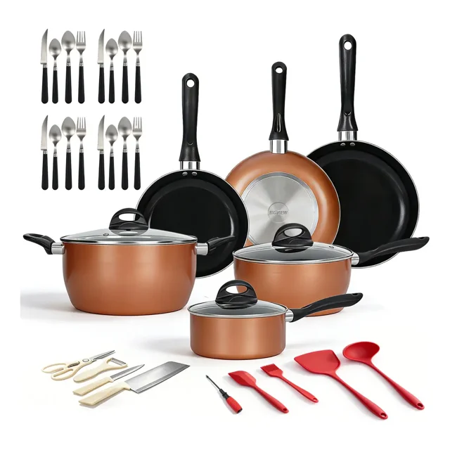Batería De Cocina Antiadherente 34 Piezas - Juego De Ollas Y Utensilios De Aluminio Resistente,Marrón oscuro