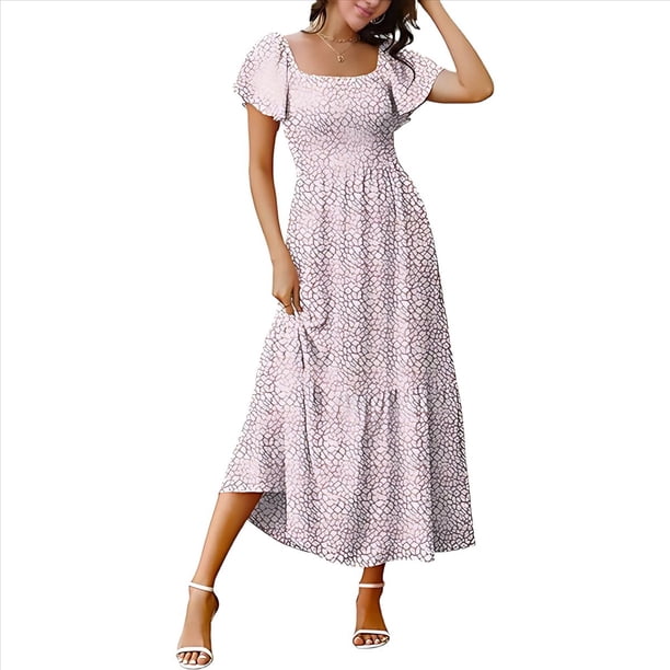 Vestido Veraniego Midi Bohemio de Corte A, Holgado, con Escote Cuadrado y Mangas Abullonadas, con Bolsillos, Estilo 2 XXXL
