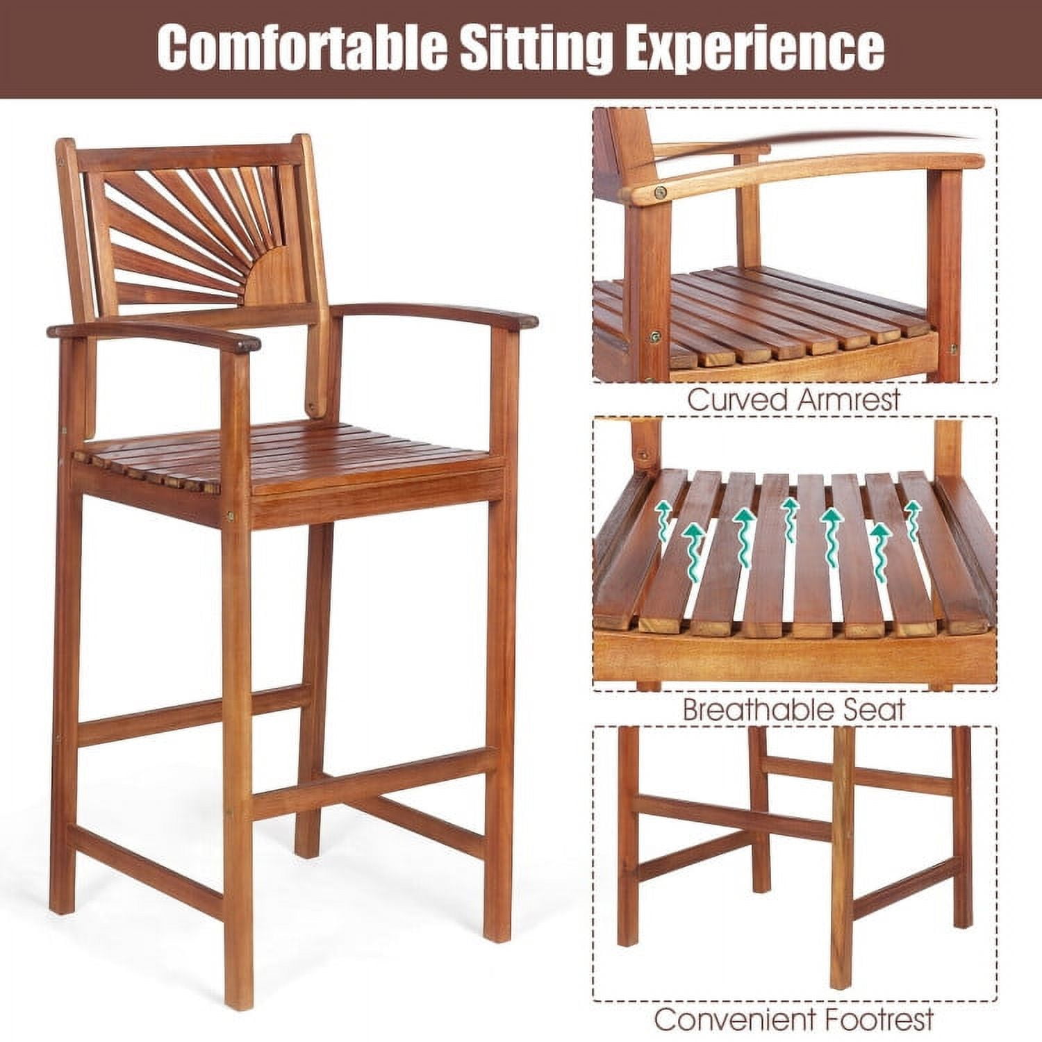 Aimee Lii 2 Pieces Outdoor Acacia Wood Bar Chairs with Sunflower Backrest and Armrests, Outdoor Patio Furniture