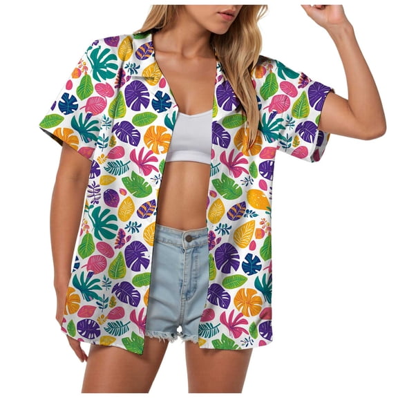 felwors Women's Tropical Vacation Hawaiian Shirt Pink Hibiscus Palm Leaf Print Short Sleeve Button Down Beach Casual Summer Shirt (Light Purple, XXL)