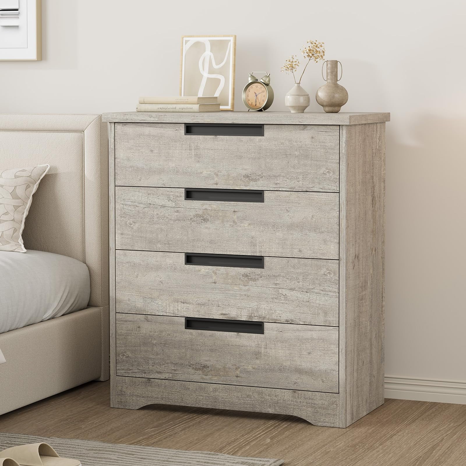 Modern 4 Drawer Dresser & Bedside table Set – Tall Wooden Storage Chest with Embedded Handles Large Organizer for Bedroom Closet Nursery Living Room – Durable Bedroom Furniture Datong 40084 Gray