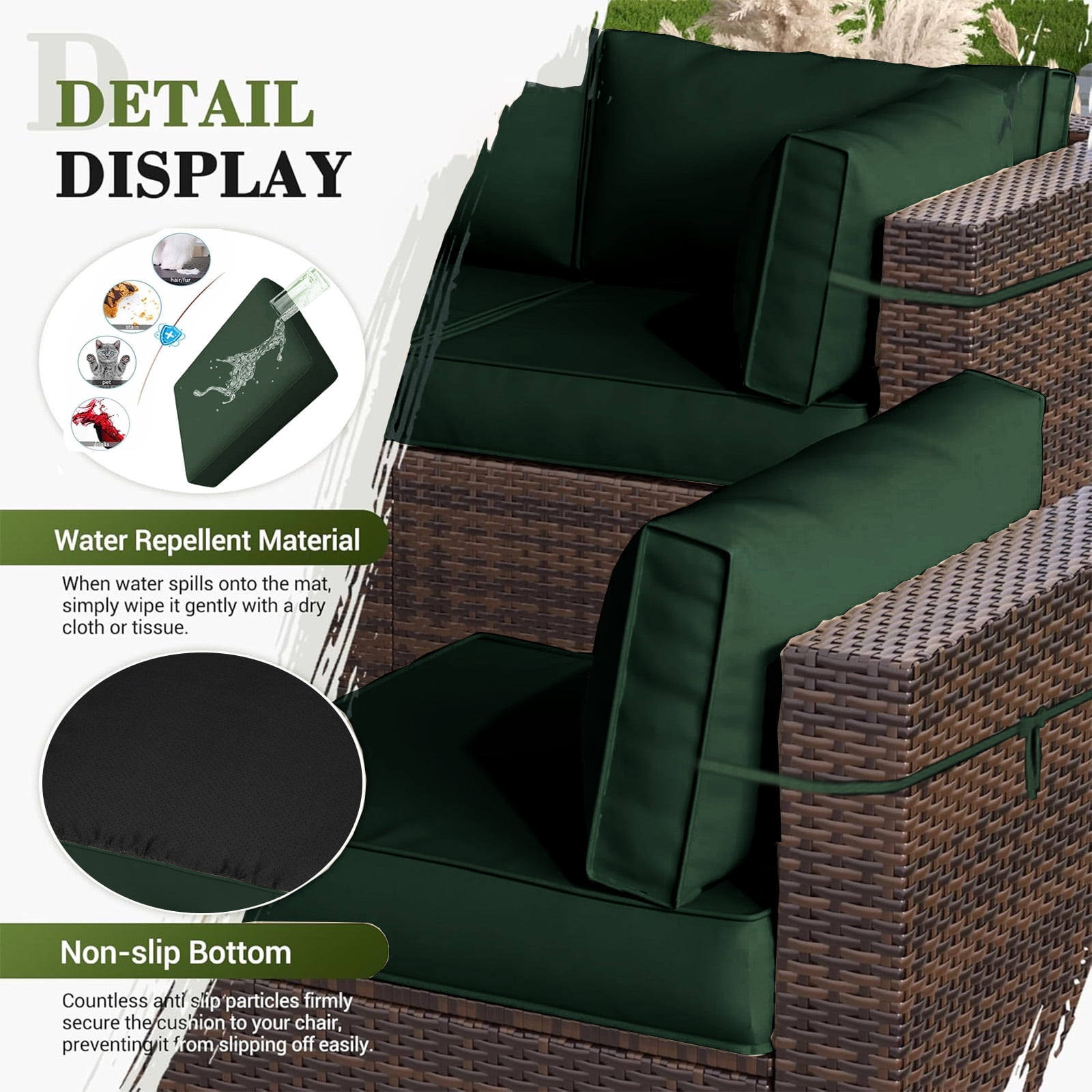 PUKNLY Outdoor Furniture Replacement Cushions, Fits 6-seat Sectional Rattan Conversation Set, 14 Piece Patio Water-Resistant Replacement Sofa Cushions, Liner&Cover（Dark Green）