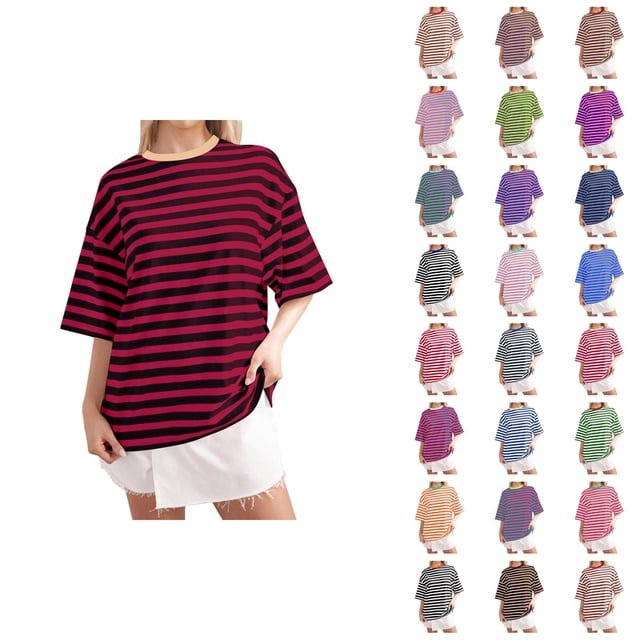 T-shirts Rayés pour Femmes 2026 Été à la Mode Manches Courtes Col Rond Confortables Légers