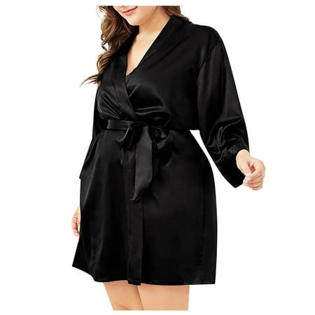 

KDDYLITQ Kimono Satin Long Sleeve Robes Bride Party for Women Bathrobe Silky Bridesmaid Robe Sleepwear Short Loungewear Black XXXXL