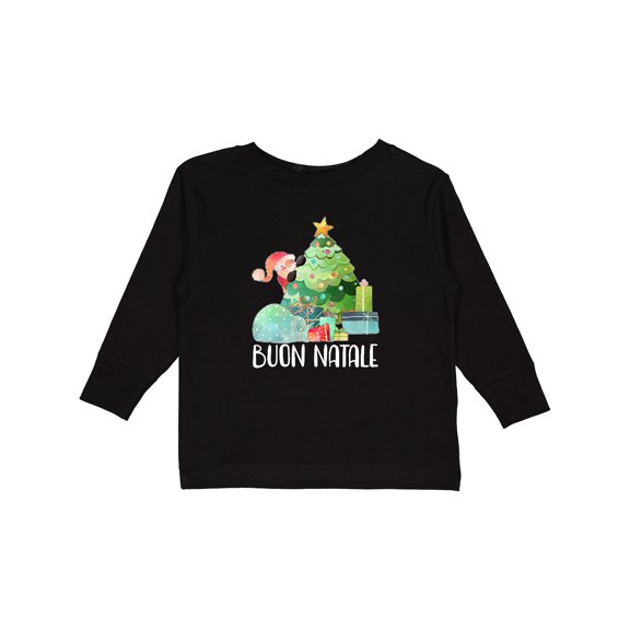 Inktastic Buon Natale Cute Santa and Christmas Tree Boys or Girls Long Sleeve Toddler T-Shirt