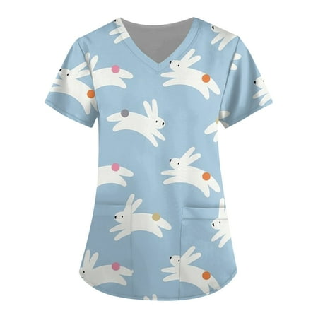 

QAZXD Women Medical Scrub Tops Cute Easter Bunny Printed Short Sleeve V-Neck Nurse Uniforms Scrubs Tunic Tops With 2 Pockets 3XL