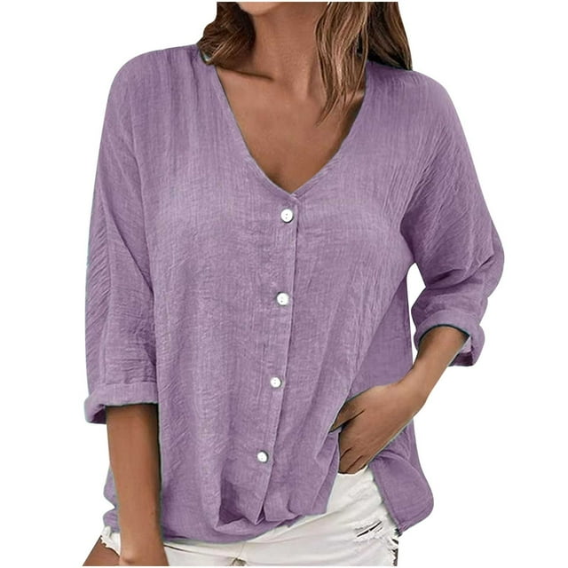 Yuyuzo Womens Button down Shirts 3/4 Sleeve Deep V Neck Lightweight Solid Color Comfy Blouses