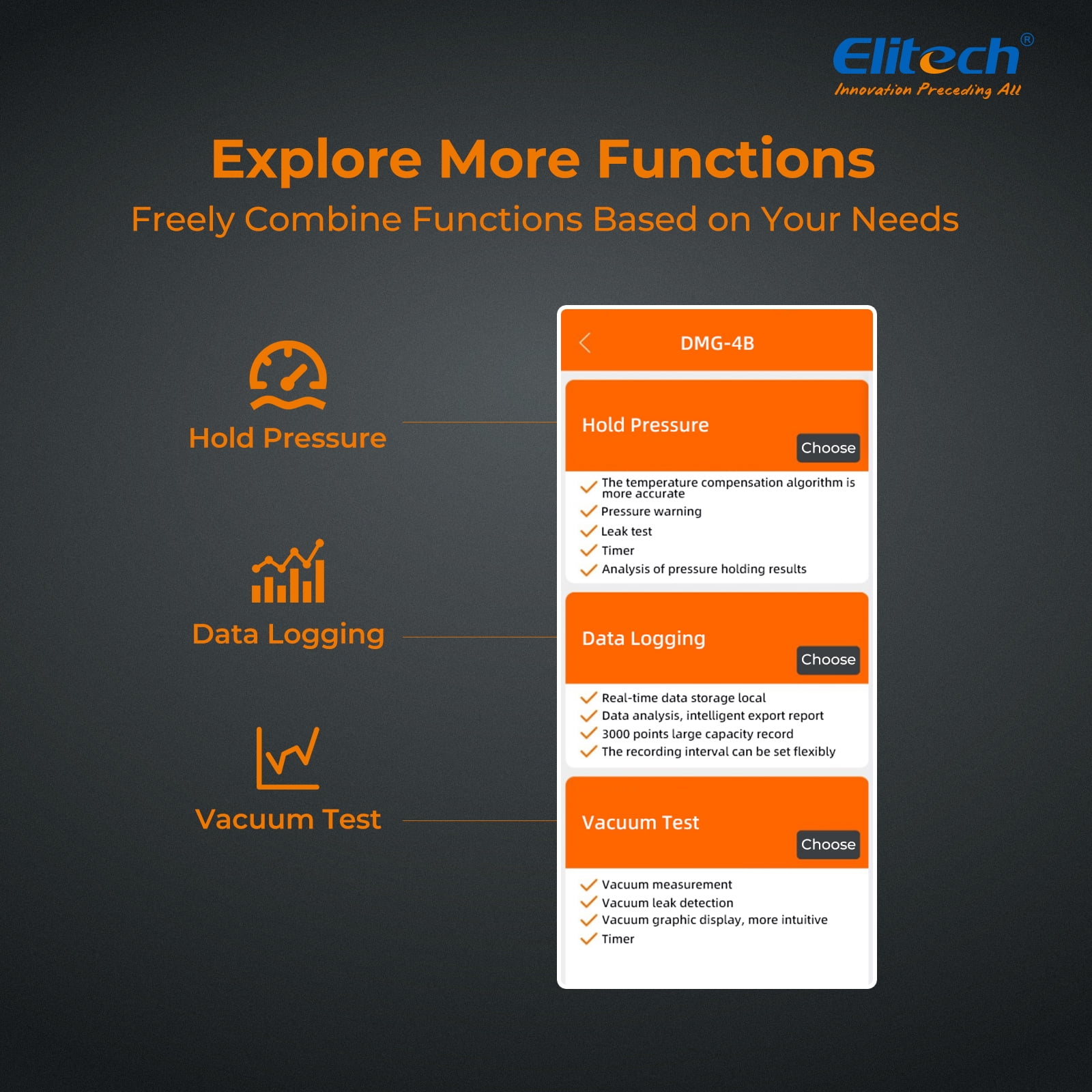 Elitech DMG-4B Digital Manifold Gauge, App Operated HVAC Gauges for Air Conditioning Systems and Heat Pumps, A/C Diagnostic Manifold Gauge