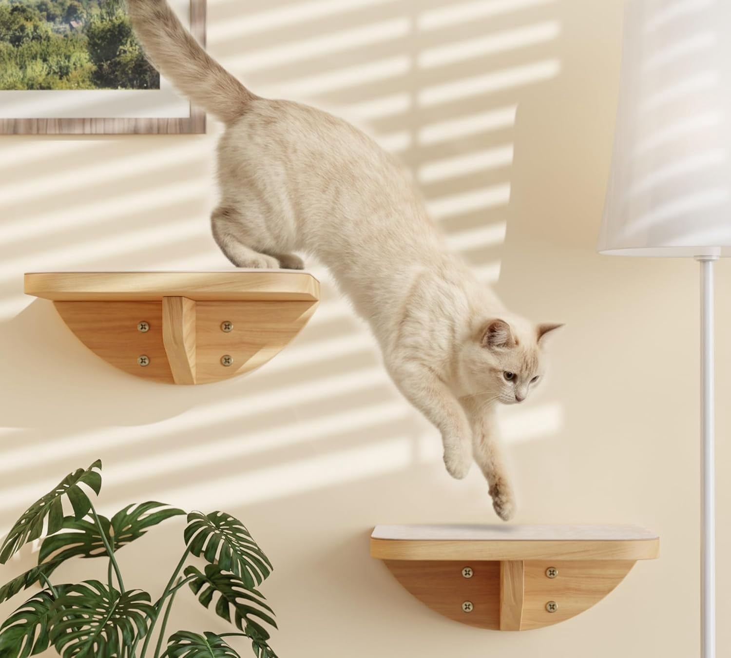 PELUOMOZ Cat Stairs, 2-Piece Wall-Mounted Wooden Steps with Scratching Mat, Climbing Shelf for Perch Platform